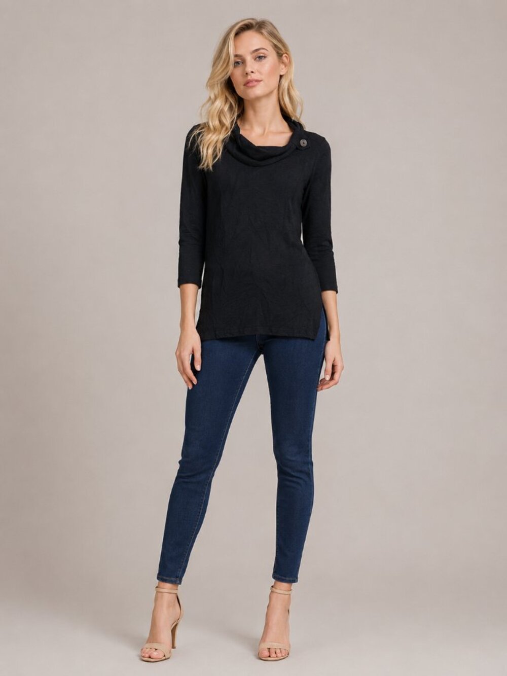 2/$30 Chico's Cowl Neck Knit Tunic Top 3/4 Sleeve Black 4 #A4150